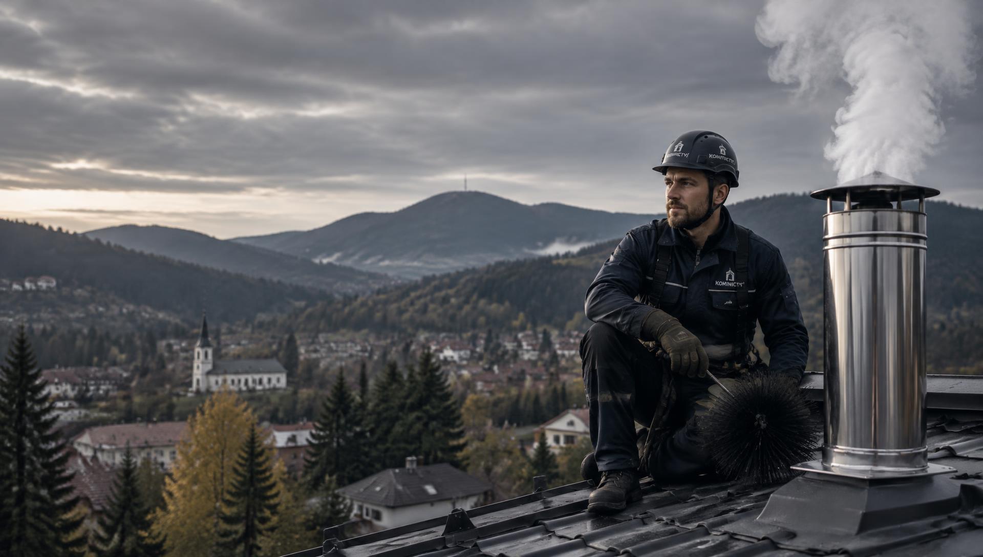 Kominík v pracovní uniformě na střeše u nerezového komína